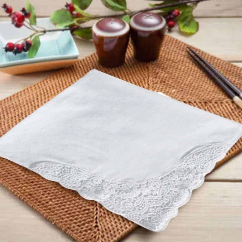 652F Multifunctional Soft Cotton Handkerchiefs for Women White Hankies Flower Edges Delicate Lace Handkerchiefs Women