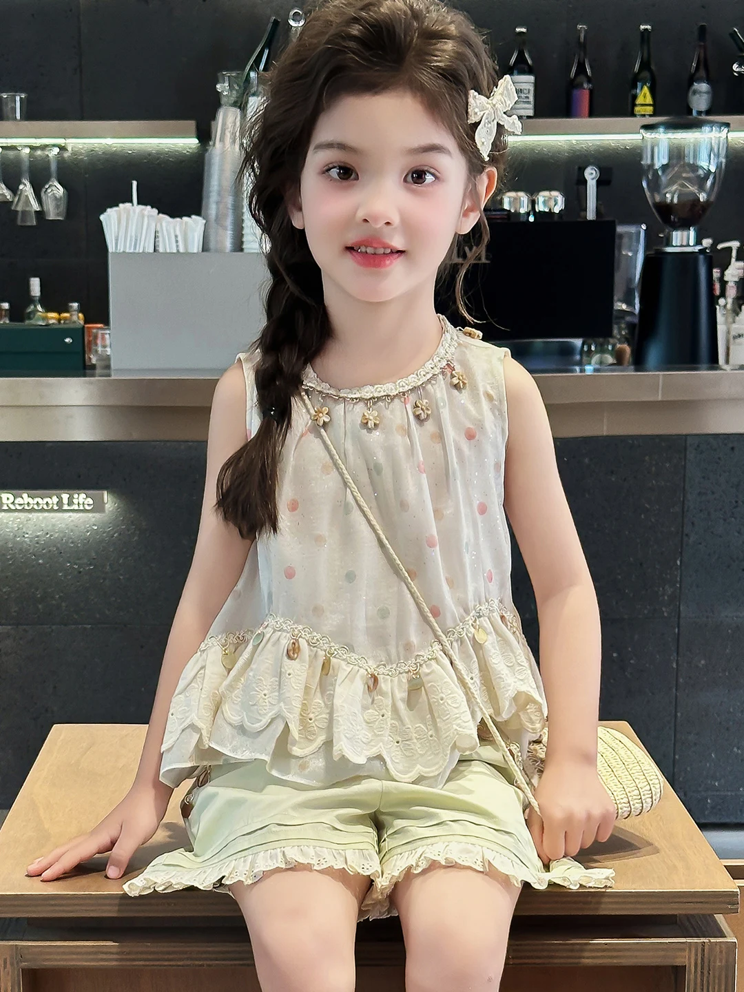 

Летний повседневный тонкий комплект из двух предметов для девочек ort Sve round Ne Overhead Brandl Faionable Ensemble для детей