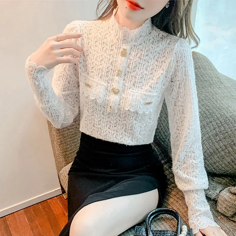 Women\'s Clothing Lace Half High Collar Blouse Stylish Hollow Out Autumn Winter Long Sleeve All-match Chic Letter Beading Shirt