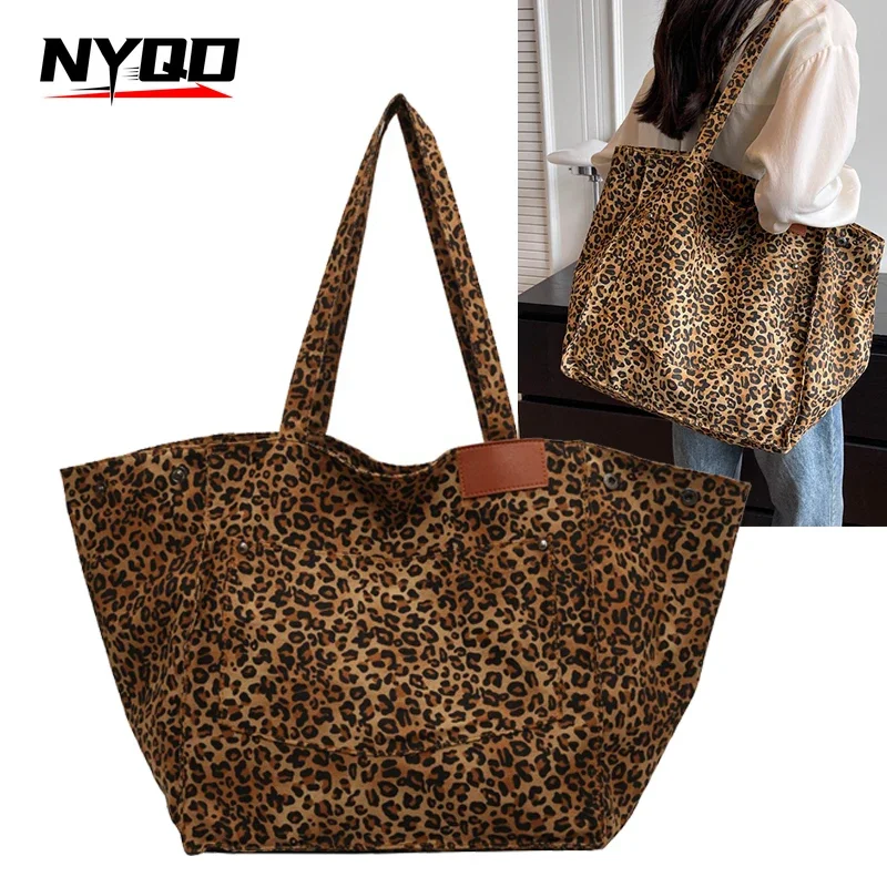 

Vintage Canvas Shoulder Bag Leopard Pattern Tote Bag Fashion Large Capacity Female Travel Handbag for School Work Shopping