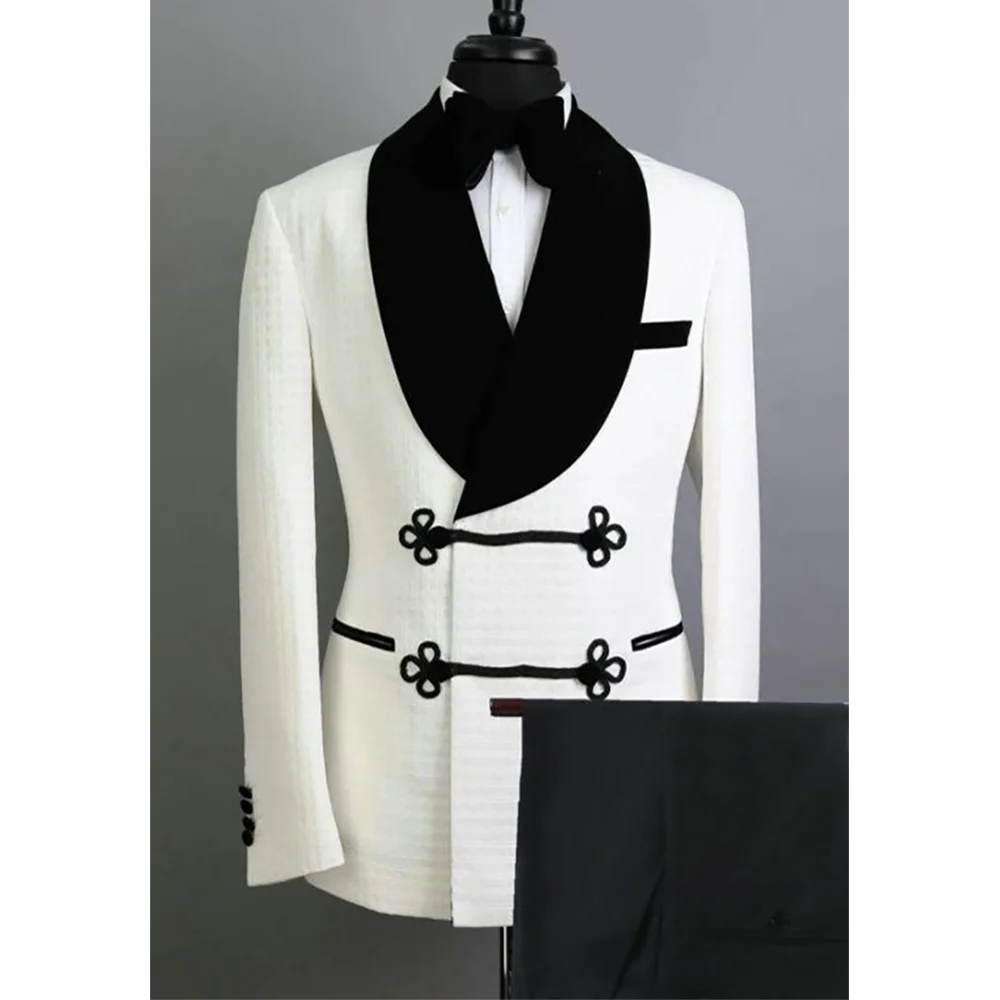 

White Walf Checks Men Suit Elegant Male Clothing Shawl Lapel Jacket with Black Pants Contrast Color Formal Outfit Wedding Set
