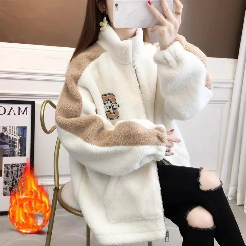 Women's Autumn Winter turtleneck Letter Embroidered Flocked Solid Zipper Long Sleeve Dardigan Coats Casual Loose Elegant Tops