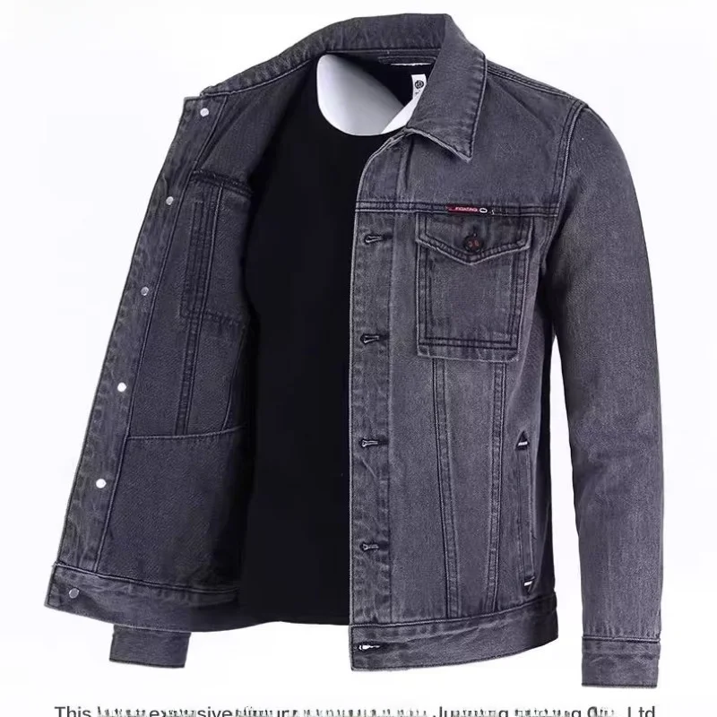 Spring Autumn Men's Loose Fit Cotton Denim Jacket Casual Workwear Classic Button up Long Sleeve Jeans Coat Resistant to Wear