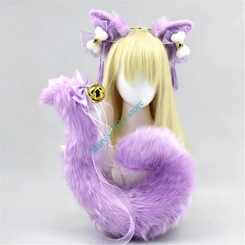 猫コスチュームアクセサリーフェイクファーキツネ尻尾と耳カチューシャセット動物ハロウィンコスプレ衣装女性男性ギフト