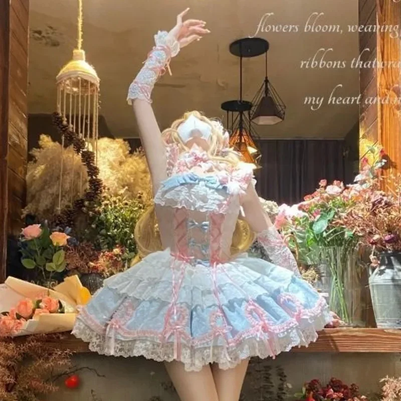

Y2K JK Bow Lace Dresses Original Lolita JSK Butterfly Sweet Blue Pink Layered Ruffle Corset Outfit Princess Party Cosplay New