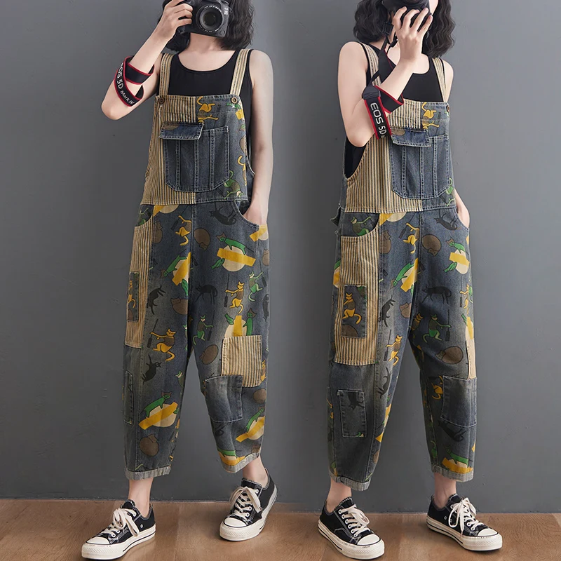 

Autumn Loose plus Size Cartoon Print Denim Overalls Women's Slimming Anti-Aging Strap Pants Casual Wide Leg Trendy
