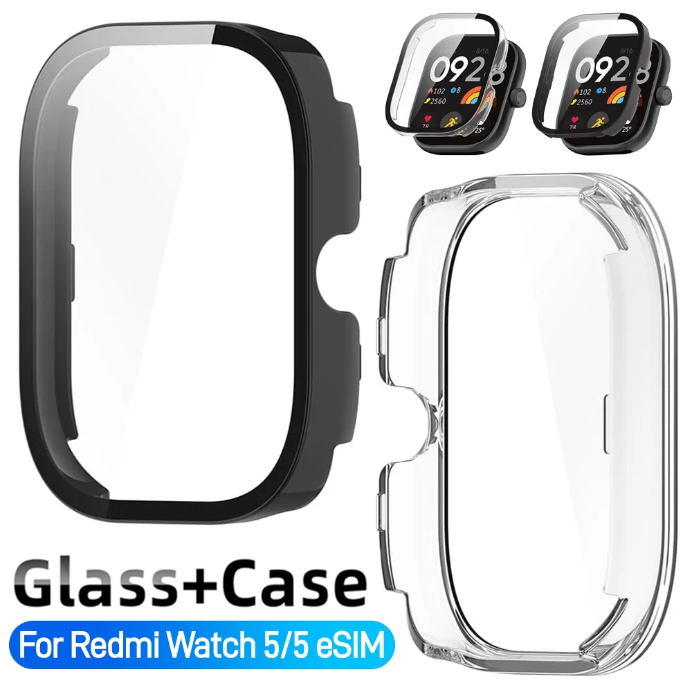 

2in1 Glass+Case for Redmi Watch 5/5 ESIM Clear Tempered Glass Screen Protector Hard PC Protective Bumper Anti-Scratch Cover