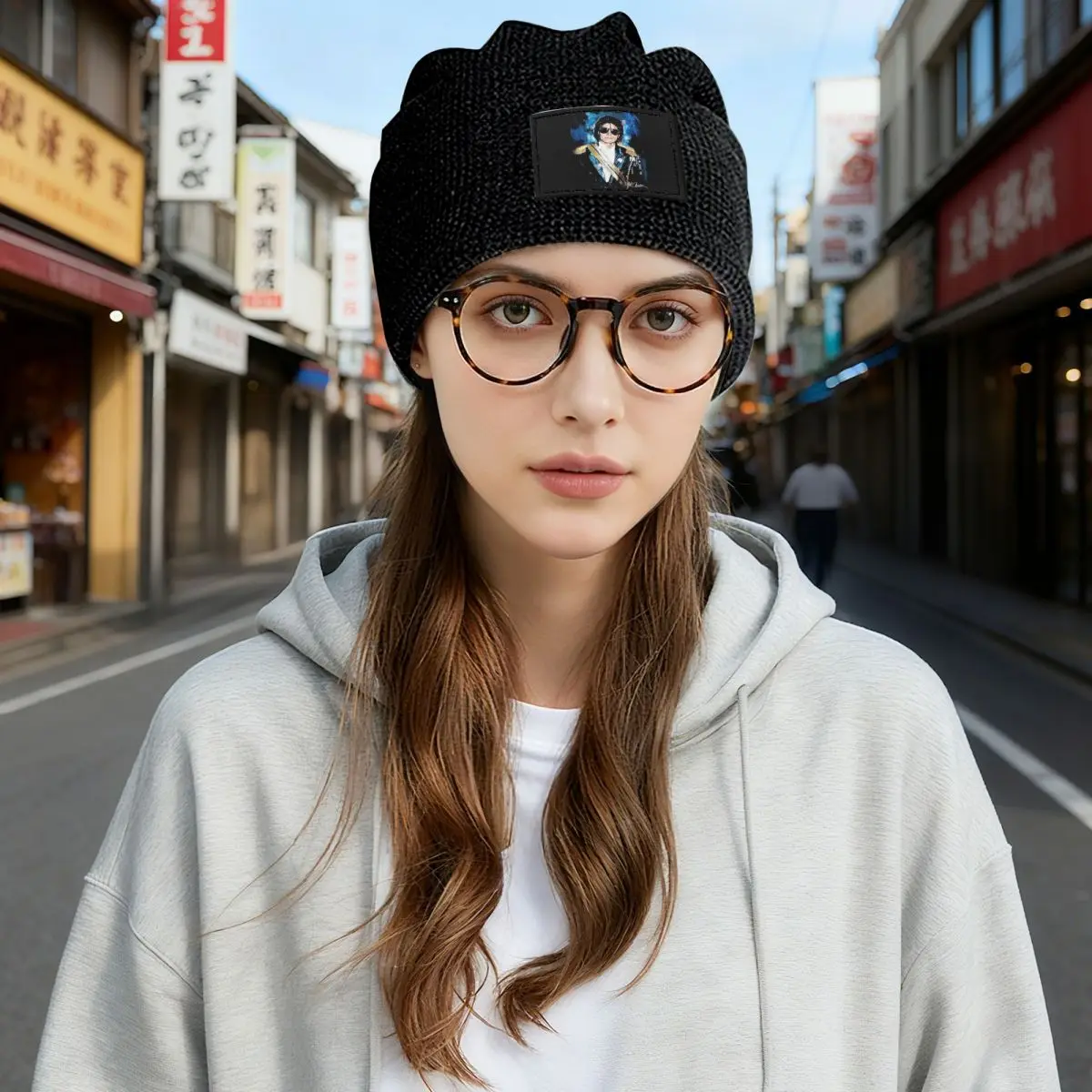 Michael 1984 Grammys Jackson Pop Art Portrait Waffle Knit Fleece Lined Beanie with PU Leather Patch Unisex Warm Winter Soft Cap