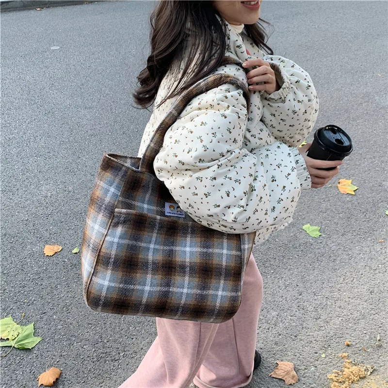 Shoulder Bag Large Capacity Handbag Woolen Cloth Check Korean New Style All-match Casual Tote Street Fashion Classic All-match