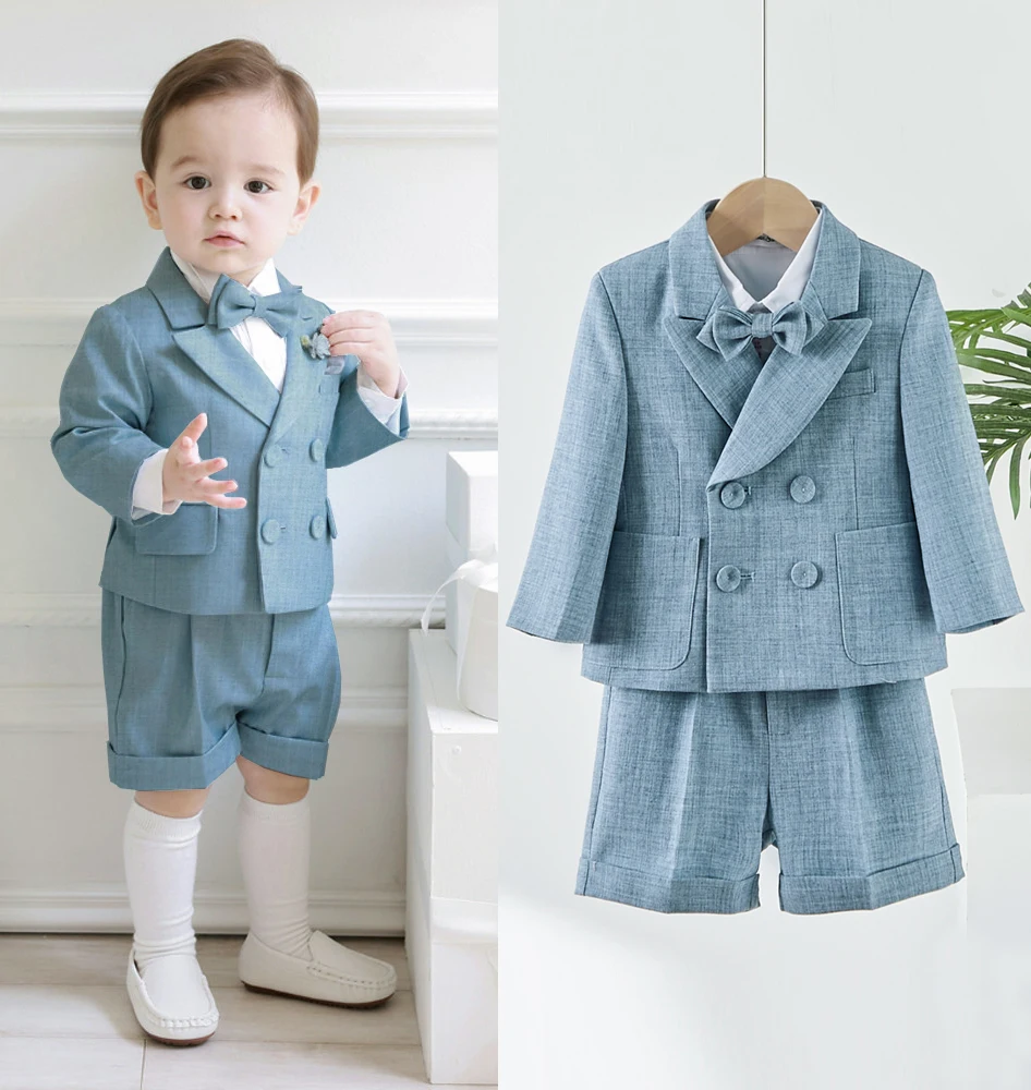 Children Clothes Sets Boy Suits Spring Summer Suit Set Blazer Overalls Bow tie For Kids Wedding Party Birthday Photogray Costume