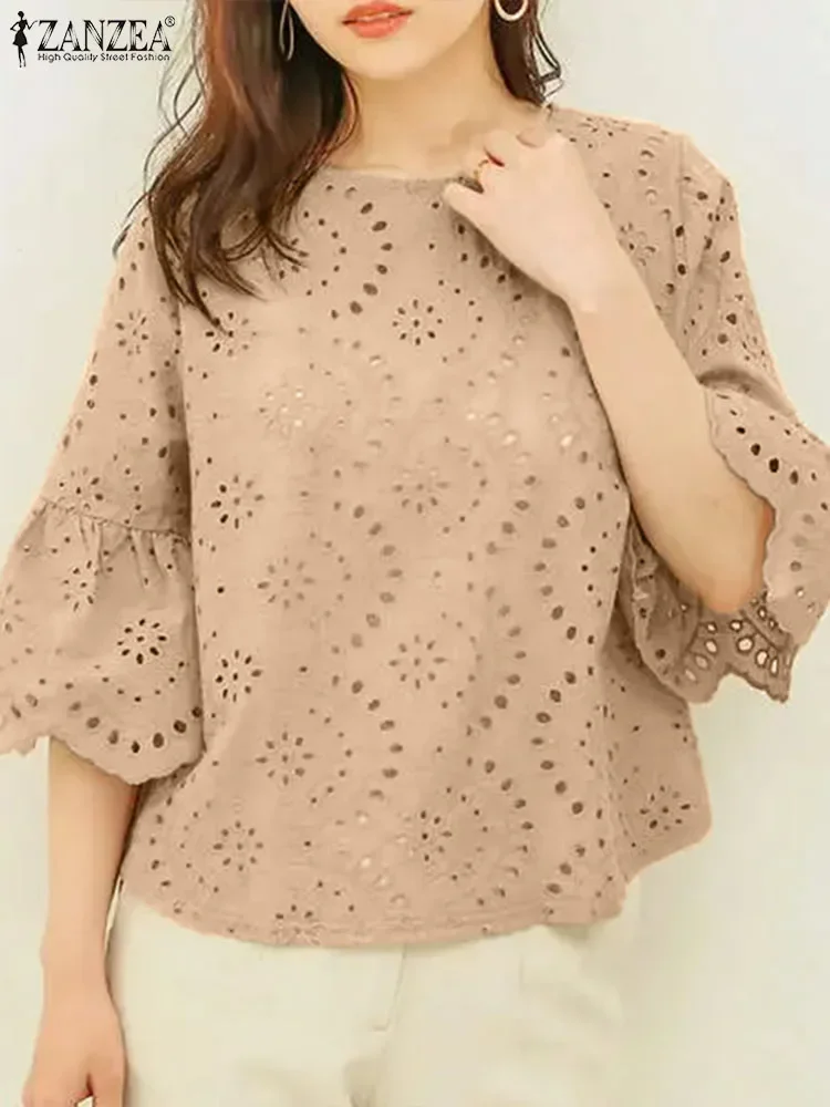 ZANZEA 3/4 Ruffle Sleeve Loose Blusa Women Hollow Out Lace Patchwork Solid Color Tops Everyday 2024 Summer Casual Elegant Blouse