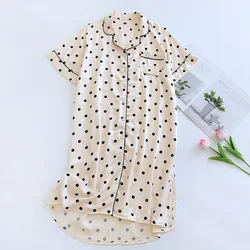 2024 New Summer Women's Sleeping Skirt with Viscous Fiber Flap Collar Dotted Short Sleeve Skirt Gongsatin Comfortable Home Fury