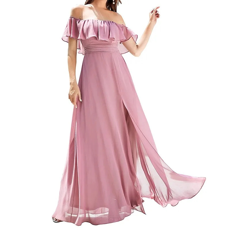 Prom Dress Women Party Long Wedding Guest Chiffon Off Shoulder High Waist Slit Maxi Dress Floor Length Wrap Waist Evening Gown - view 2