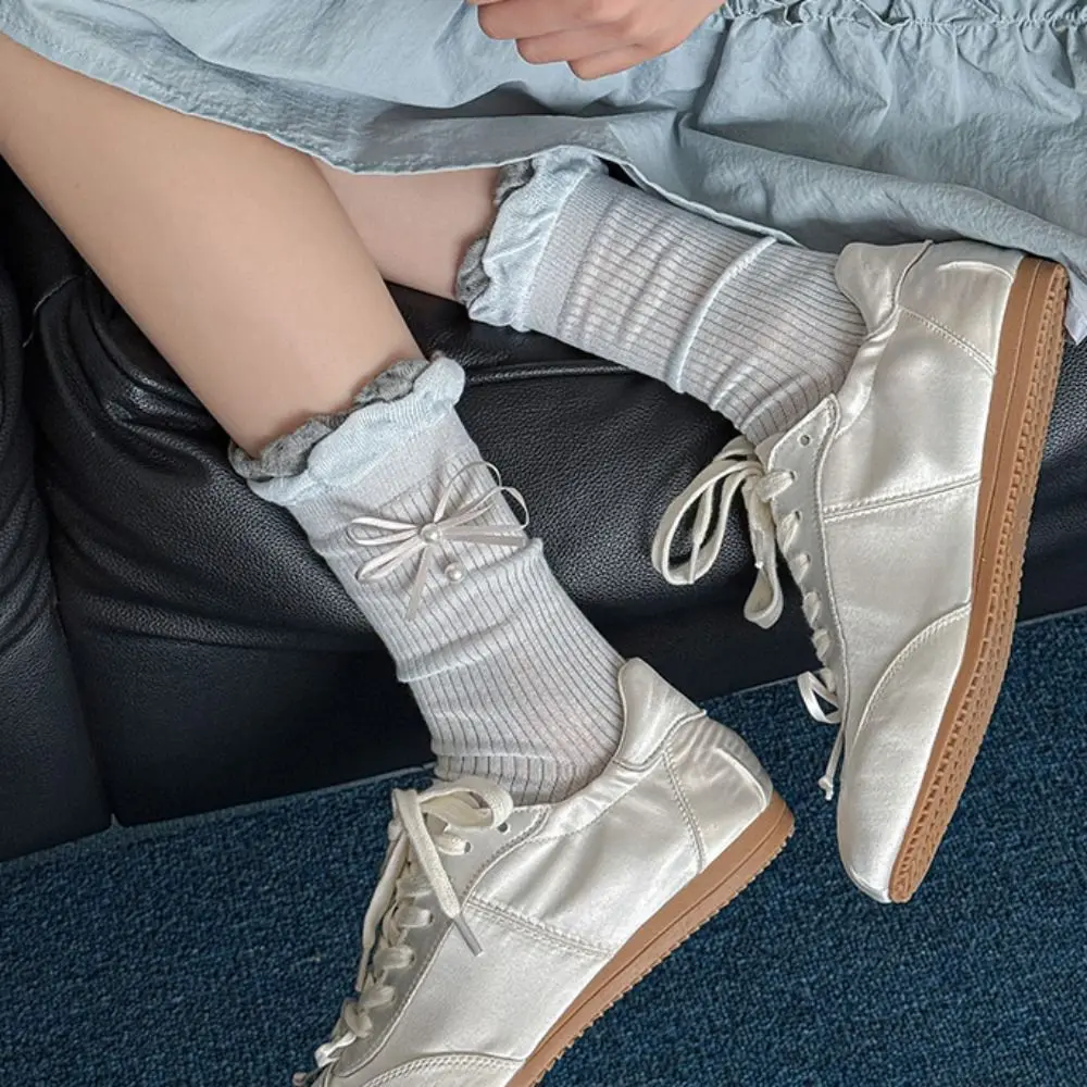 

5Pairs Ruffle Bowknot Pearl Socks Ins Style Breathable Mid Tube Socks Female Hosiery Lolita Sweet Socks Women Streetwear