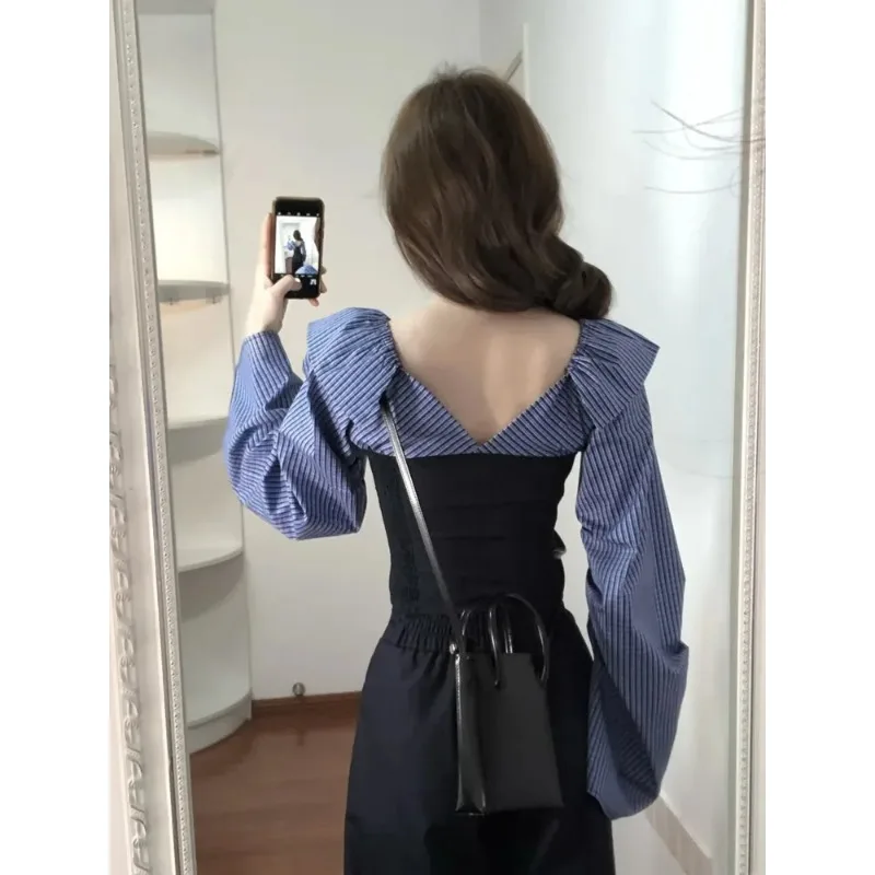 One-line Design Spliced   long-sleeved Shirt Spring New Casual Style Trousers Suit
