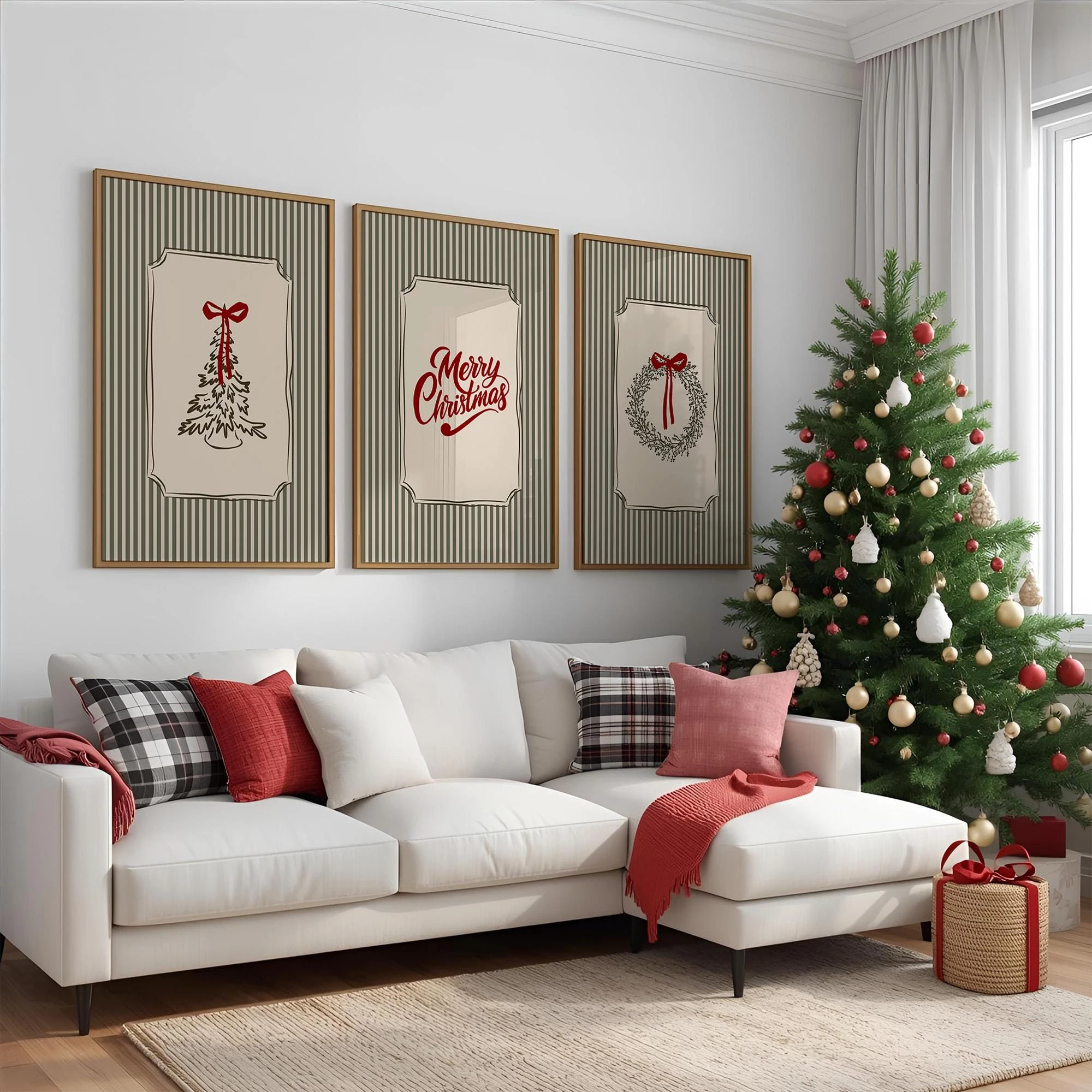 Christmas Wall Art Set of 3 Prints Merry Christmas Green Striped Trendy Christmas Wall Art Printable Classic Holiday Wall Decor