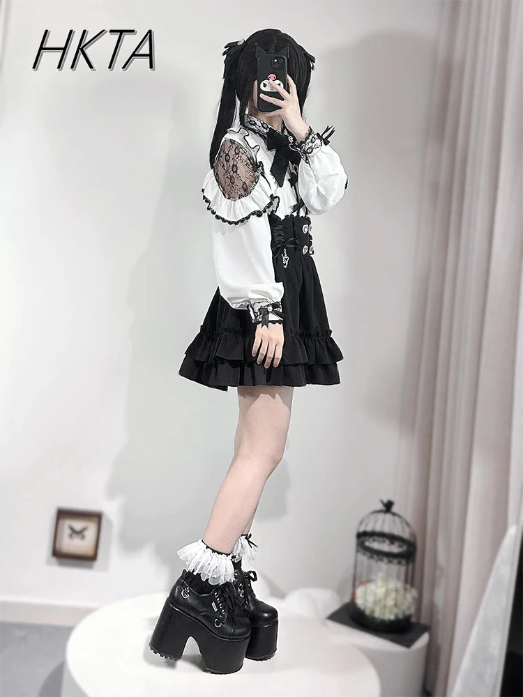 Sistem Pertambangan Jepang Kemeja Blus Lengan Panjang Pita Manis Modis Manis Lolita Rok Hitam Pinggang Tinggi Wanita Set Dua Potong