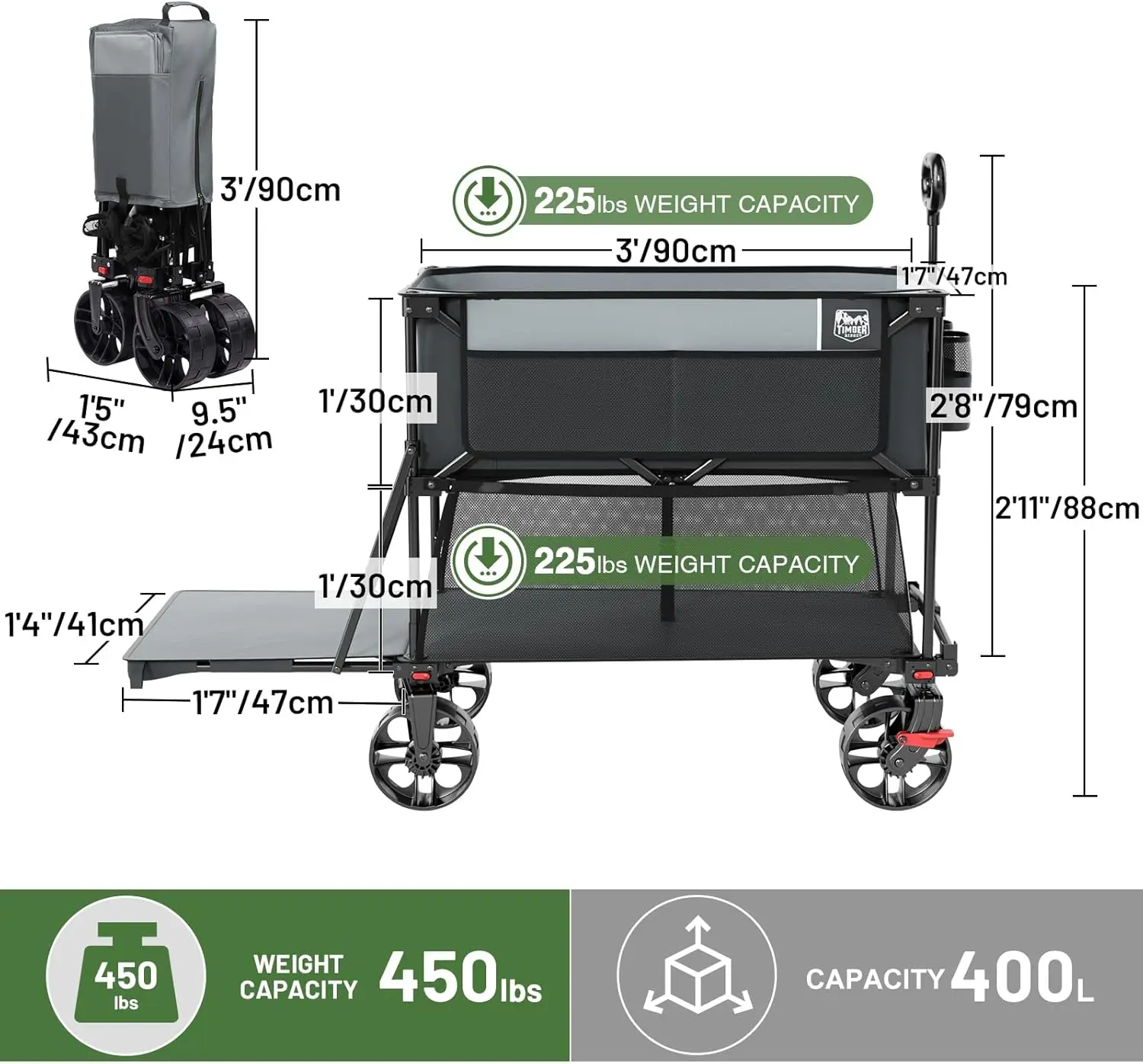 RIDGE 400L lipat kapasitas besar Double Decker Wagon dengan rem, 54 "ekstra panjang Extender Wagon Cart, 450lbs koleksi tugas berat