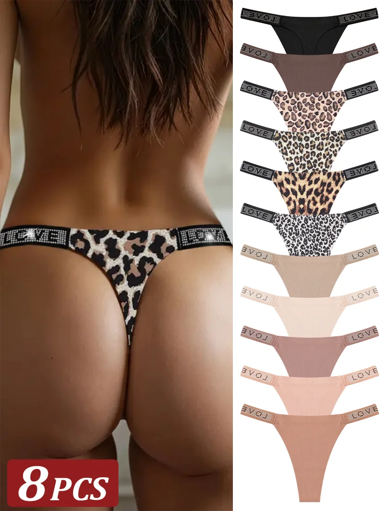 8Pcs/Set Sexy Panties Women Thongs Rhinestones Letter Diamonds G-string Low Waist Sports Thong Shorts Briefs T-back Size XS-XL