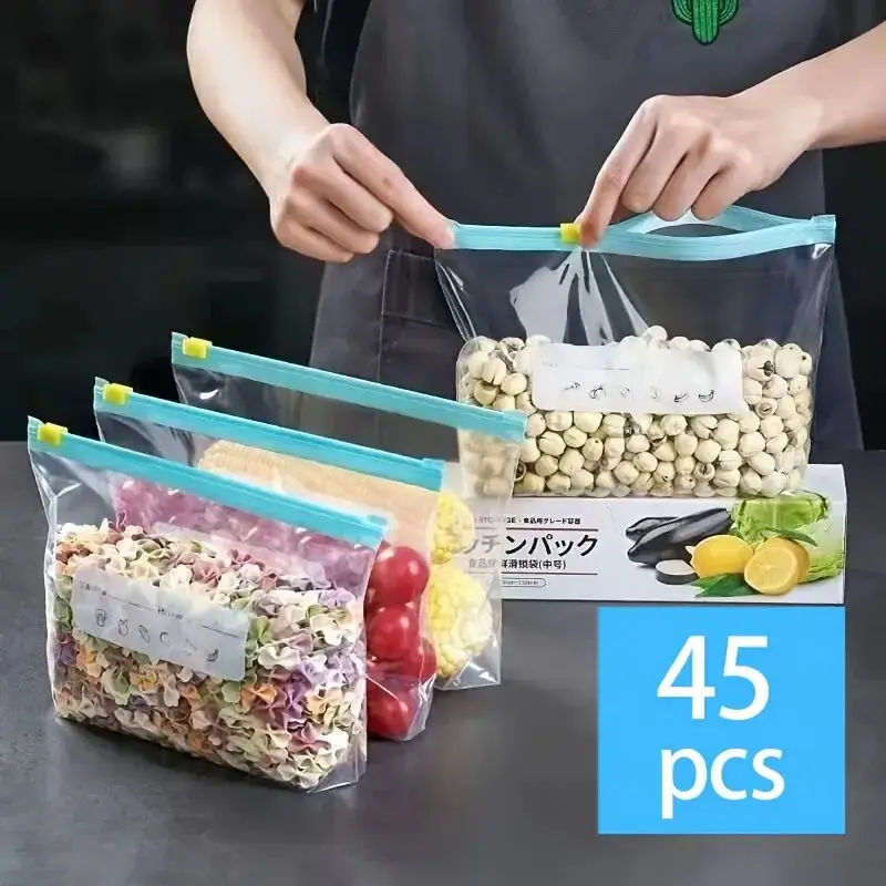 45 Uds. De silicona para almacenamiento de alimentos, a prueba de fugas, reutilizable, con cremallera, bolsas aptas para tazas, bolsa de almacenamiento de alimentos frescos, envoltura fresca para refrigerador