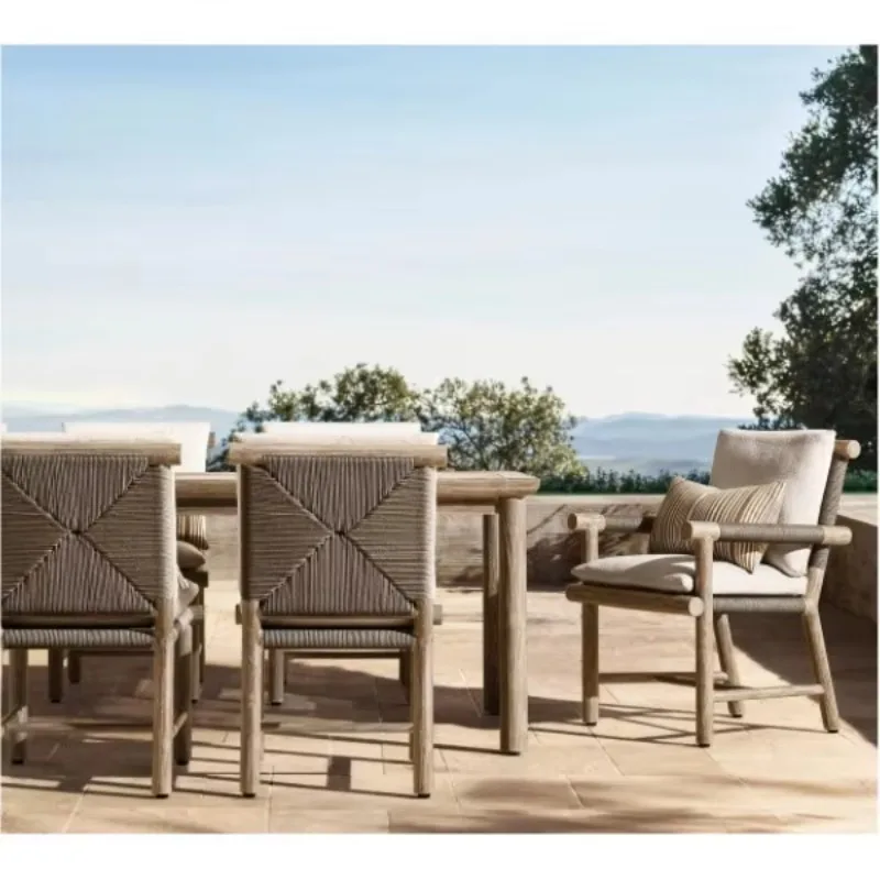

Solid Teak Outdoor, Dining Set Elegant Wooden Table with Hotel All-Weather Corded Seats