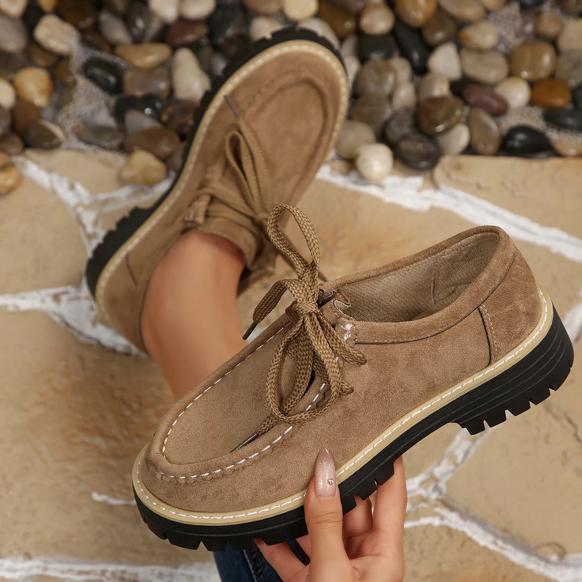 Women Suede Thick Sole Lace Up Loafers Retro Casual Non Slip Platform Moccasins Comfy Daily Walking Outdoor Work Shoes For Woman