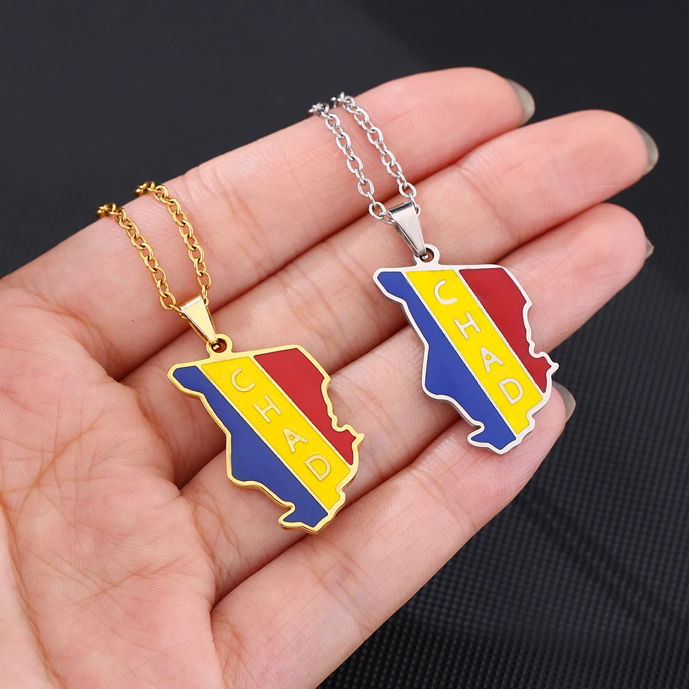 Africa Republic of Chad Map Flag Pendant Necklace Stainless Steel Gold/Silver Color Men Women Country Map Jewelry Gift