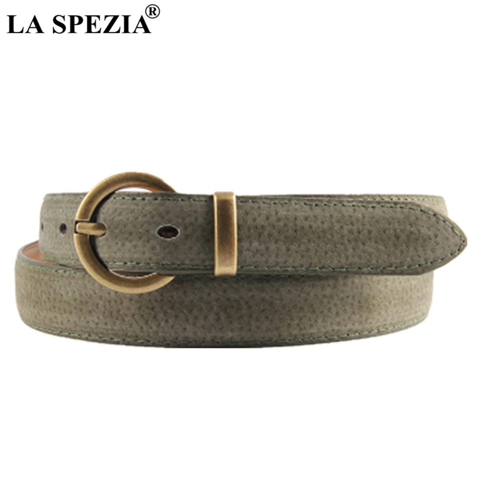 LA SPEZIA Leather Ring Belt Women Army Green Pin Buckle Belt Jeans Female Circle Wasit Real Leather Pigskin Ladies Brand Belts