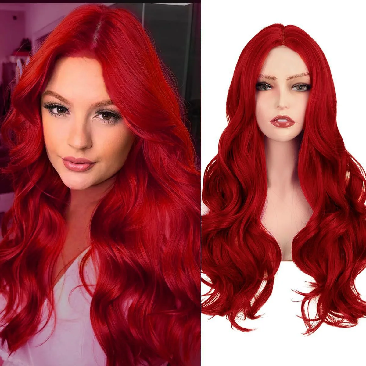 Red Large Wavy Synthetic Wig for Halloween Party Cosplay Role-Play Daily Wear with High-Temperature Hair Cap
