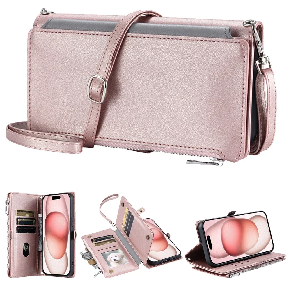 

Crossbody Zipper Wallet Case For iPhone 16 Pro Max 15 14 Plus 11 13 12 mini XS XR 7 8 SE 2020 2022 Card Holder PU Leather Cover