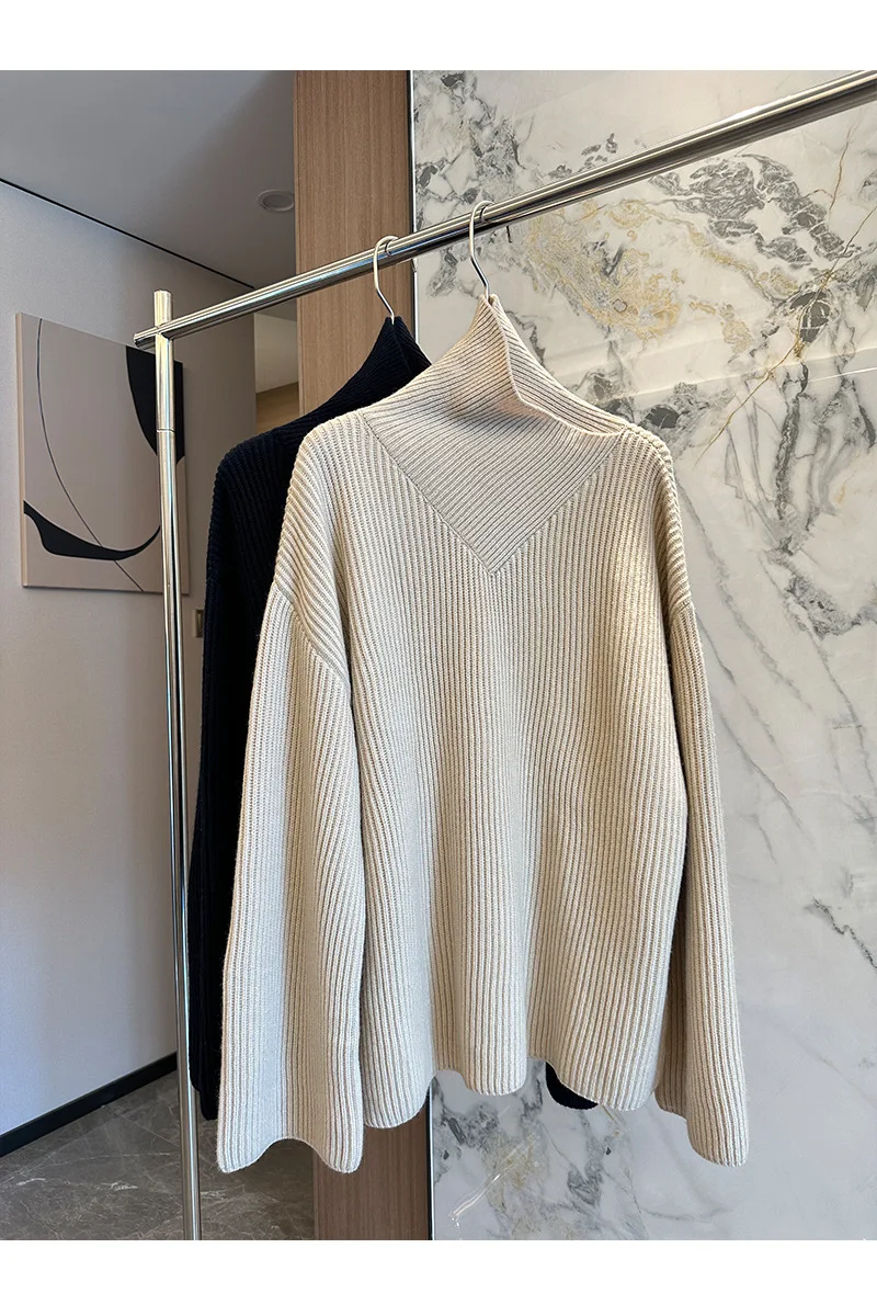 Wool Ribbed Sweater Women'S High Collar Long Sleeve Loose Solid Color Hanging Collar Knitted Sweater Autumn And Winter New