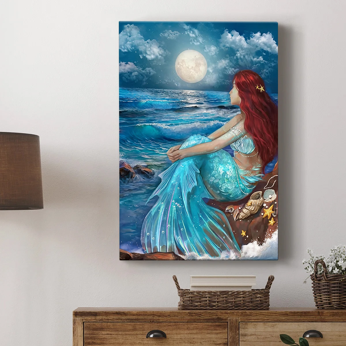 Girl Wall Decorations Blue Ocean Wall Art Bedroom Decor for Women Moon Night Wall Painting Shell Canvas Prints