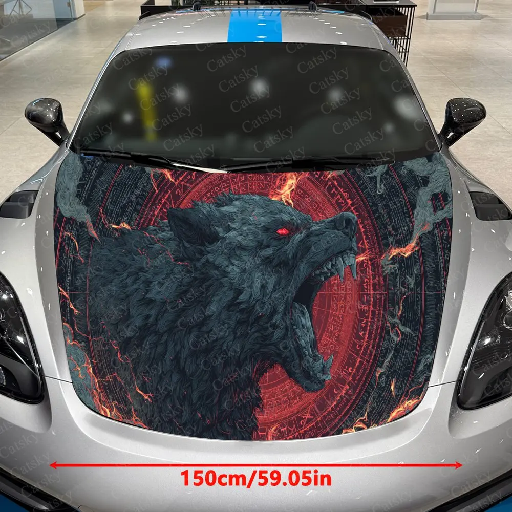 Cracked Array Red Pupil Wolf King Car Vinyl Wrap, PVC Waterproof Car Hood Sticker, Self-Adhesive Scratch-Resistant Stickers