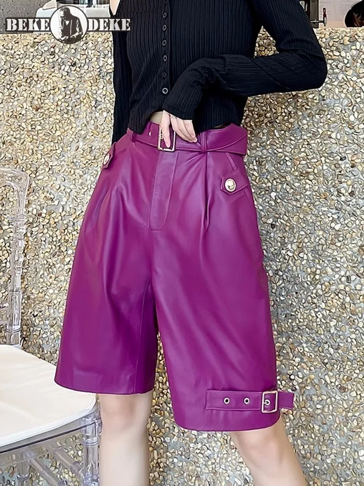 Women New Casual Knee Length Straight Shoes 100% Real Sheepskin High Waist Trousers Loose Fit Genuine Leather Shorts Streetwear