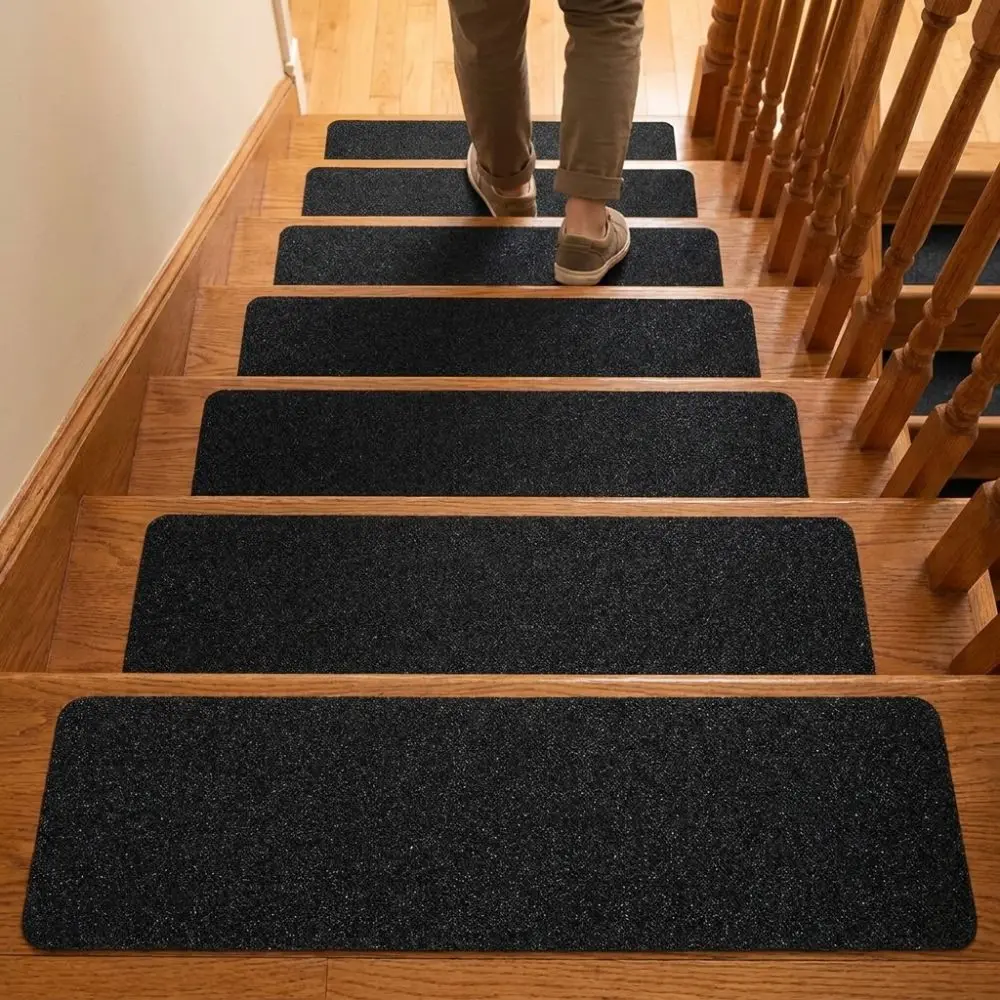 6Pcs Black Frosted Self‑Adhesive Stair Tread Mat Self-Stick Pre-Cut Stair Grip Tape Strips Tear‑Resistant Wear-Resistant