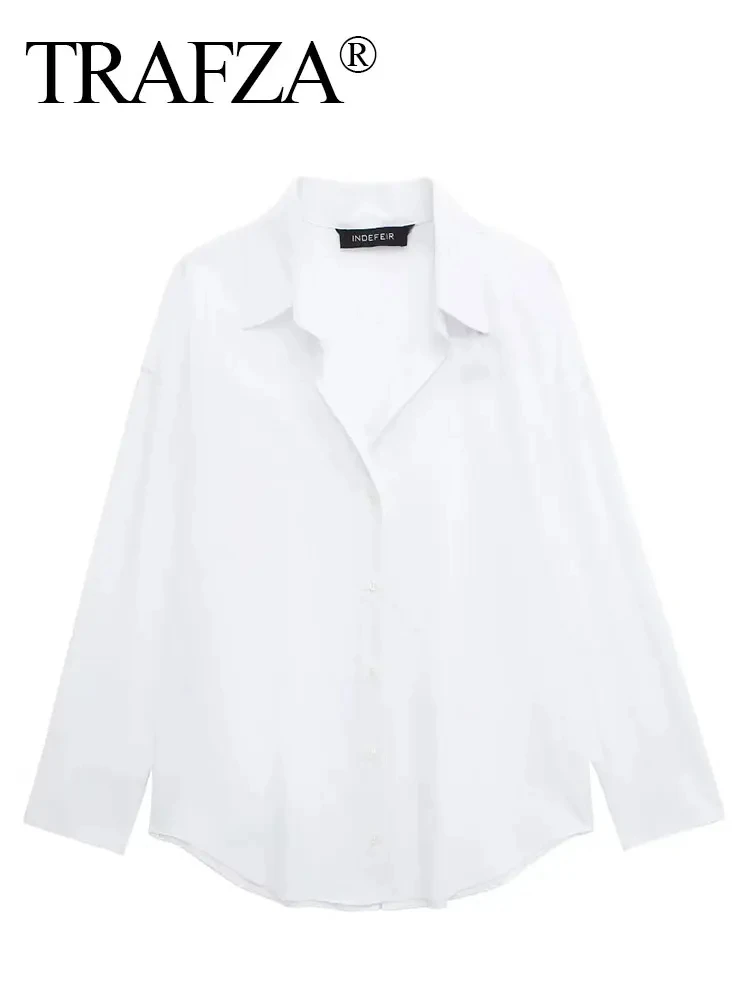 TRAFZA Summer Women\'s Elegant Long Sleeve Lapel Blouses Casual V-neck Single Breasted Loose Shirt Office Lady Commuter Tops
