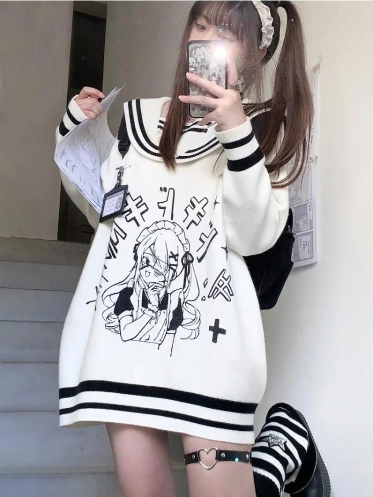 Słodki nadruk kreskówkowy Biały sweter Anime Pullover Knit Y2k Odzież Harajuku Gothic Tops Luźny kołnierzyk Dzianina damska