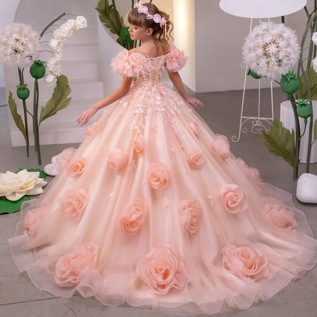 

Elegant Flower Girl Dress for Wedding Quality Appliques Glitter High Waist Floor Length Kids Birthday First Communion Ball Gowns