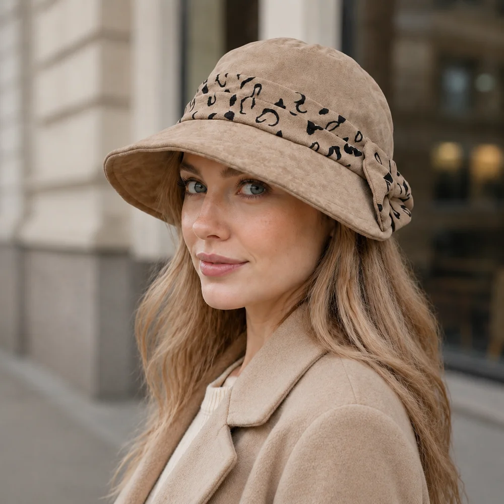 Leopard Print Bow Wide Brim Hat for Women Soft Suede Warm Winter Cloche Cap Elegant Outdoor Bucket Hat