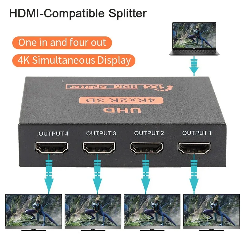 HDMI-Compatible Splitter 4K 2K HD 1080P 1 in 4 Out Video Switcher Cable Adapter 1x4 Hub For PS4 Laptop Monitor TV Box Projector