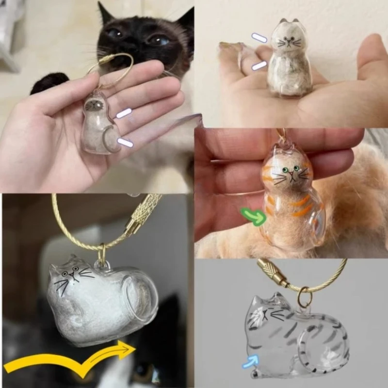 "1/6pcs Adorable Cats-Shaped Keychain Pendant - Transparent Pet Hair Keepsake - Handmade Cute DIY Accessory for Cats Lovers"