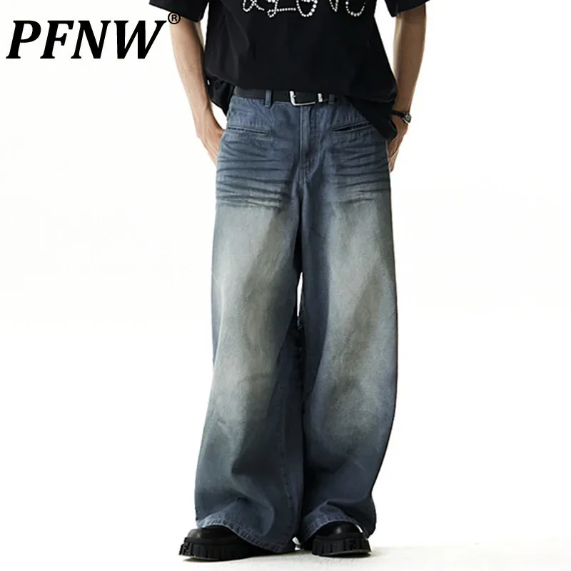 

PFNW Fashion Men's Denim Pants Wrinkled Worn-put Washed Loose New Summer Jeans Casual Stright Wide Leg Male Pants 2024 28W3422