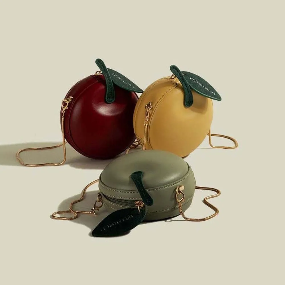 2027 Coin Purse Fruit Shape Chain Bag Solid Color Anti-splash Water Leather Round Pouch Large Capacity Lightweight