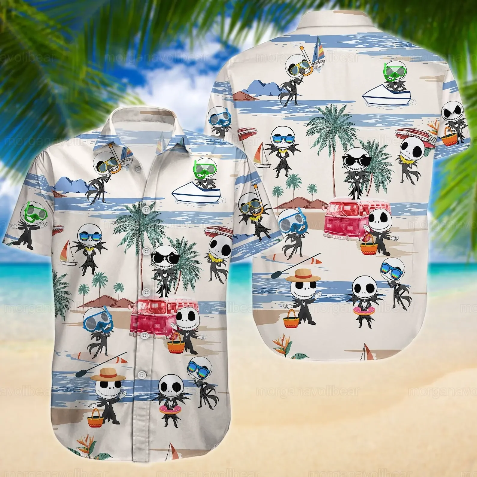 Jack Skellington masculino e feminino, camisa havaiana, casual de praia, manga curta, de botão, verão, Disney