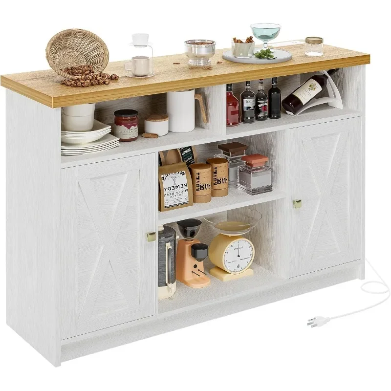 

Coffee Bar Cabinet with Power Strip, 47” Storage Cabinet with Barn Doors and Thickened Top Board, White Sideboard