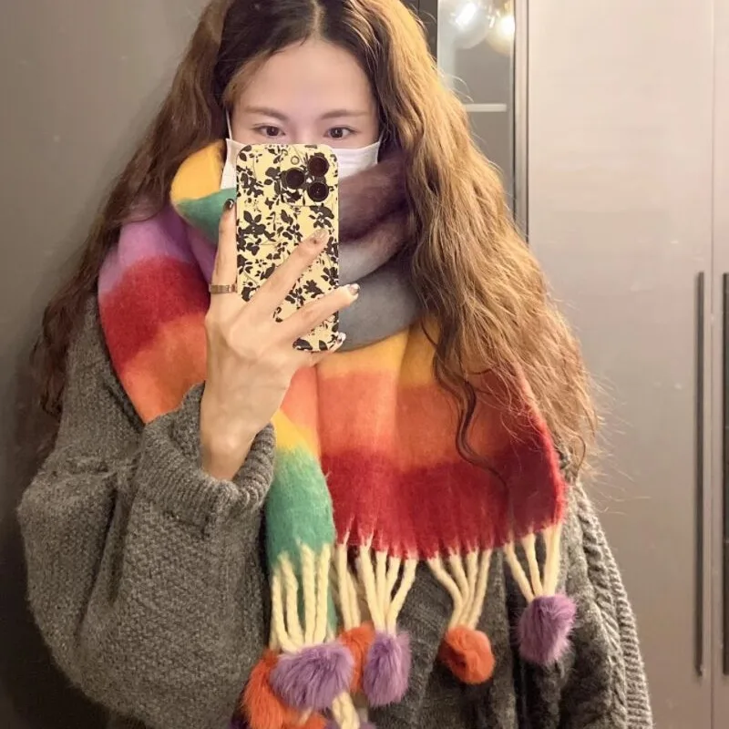 

Christmas colorful striped hairball thermal scarf Women's winter sweet outdoor thickened couple bib shawl