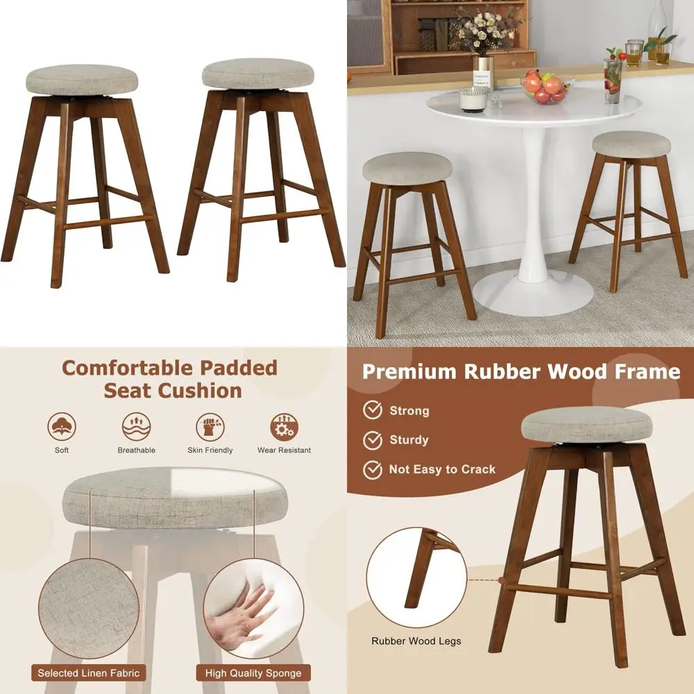 Set mit 2 drehbaren Barhockern, 26 Zoll rückenfreien Thekenhöhenstühlen mit Beinen aus Gummiholz, Sitzplätze und Fußstützen aus Leinenstoff