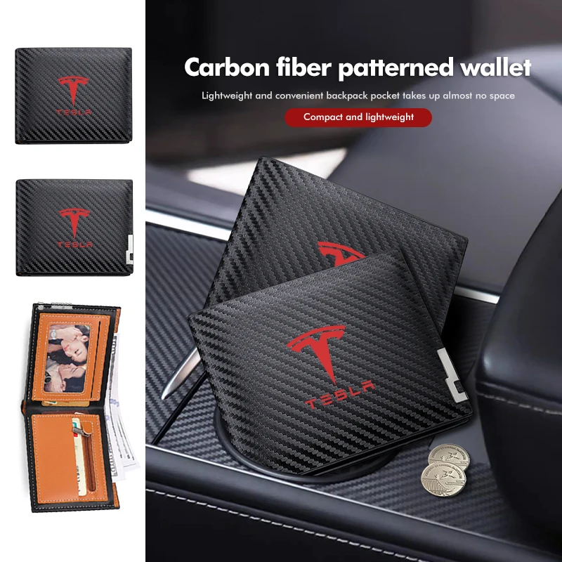 Carbon Fiber Wallet Leather Business Coin Card Holder Purse For Tesla Model 3 S Y X