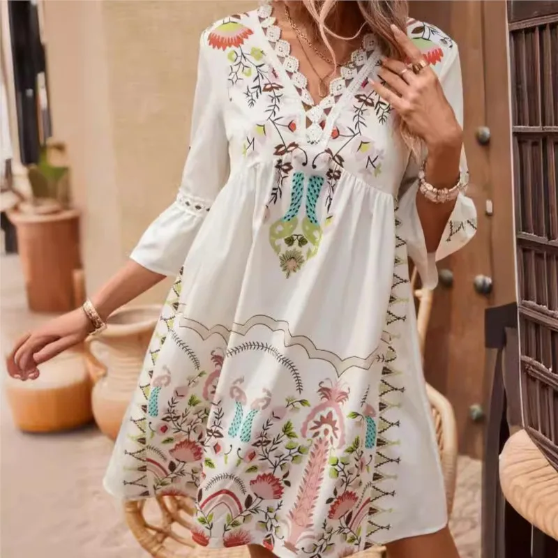 Bohe flor impressão feminina vestido de férias moda decote em v manga longa praia vestidos de festa para mulheres vestido curto elegante mujer