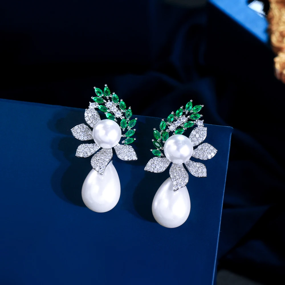 CWWZircons Symmetrical Leaf Shape Green Cubic Zirconia Long Big Water Drop Dangle Pearl Wedding Banquet Party Earrings CZ950